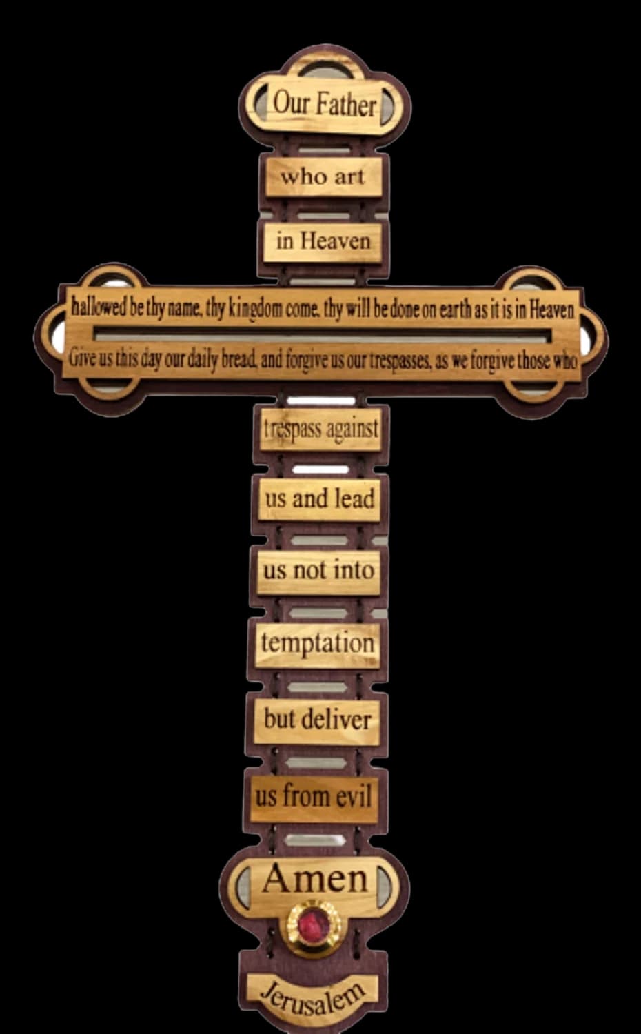 Olive wood wall cross with the Lord's Prayer engraved in panels