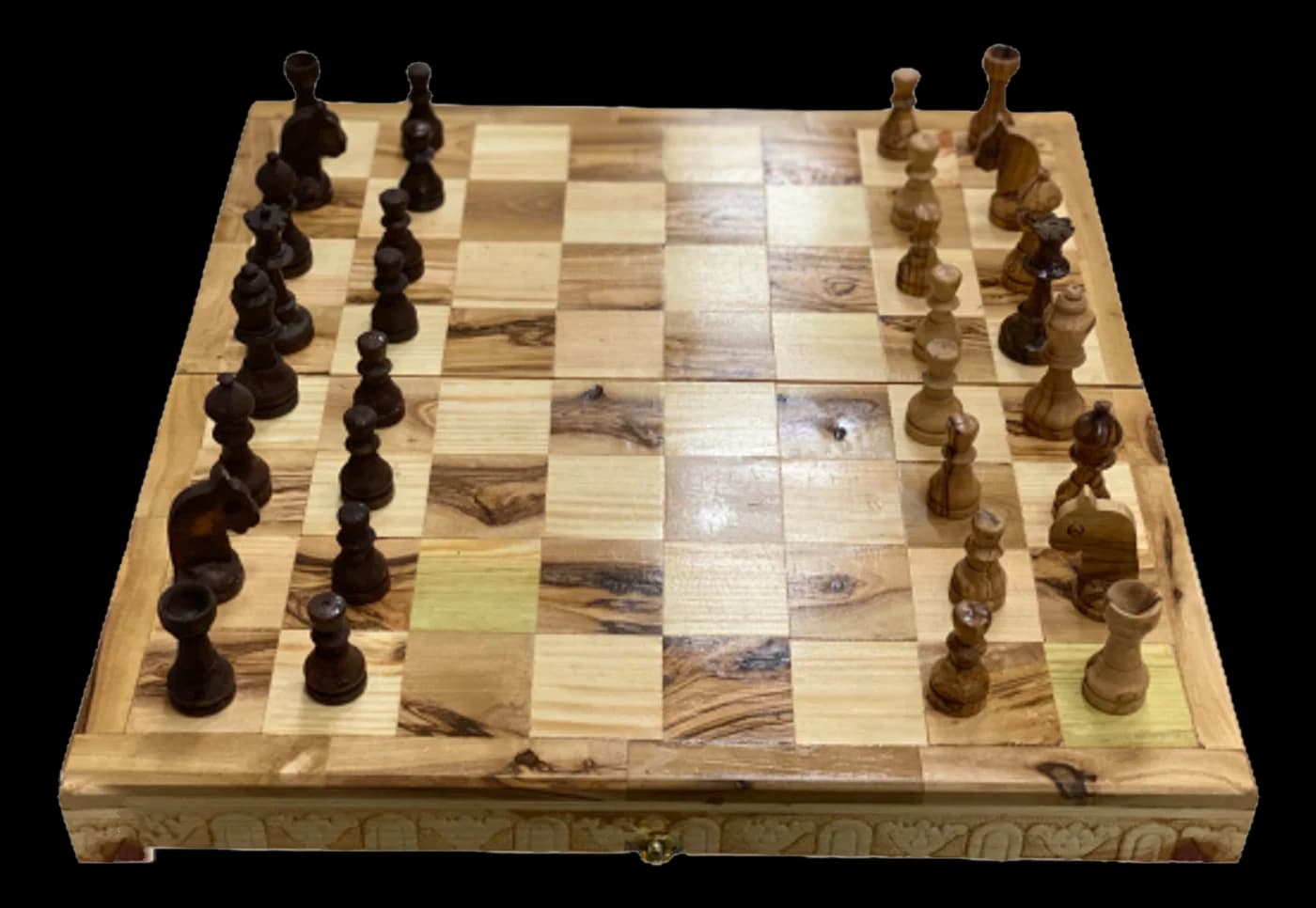 Large olive wood chess board with turned dark and light chess pieces