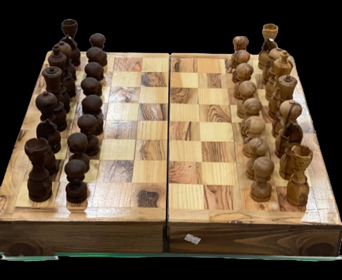 Folding olive wood chess board with turned pieces